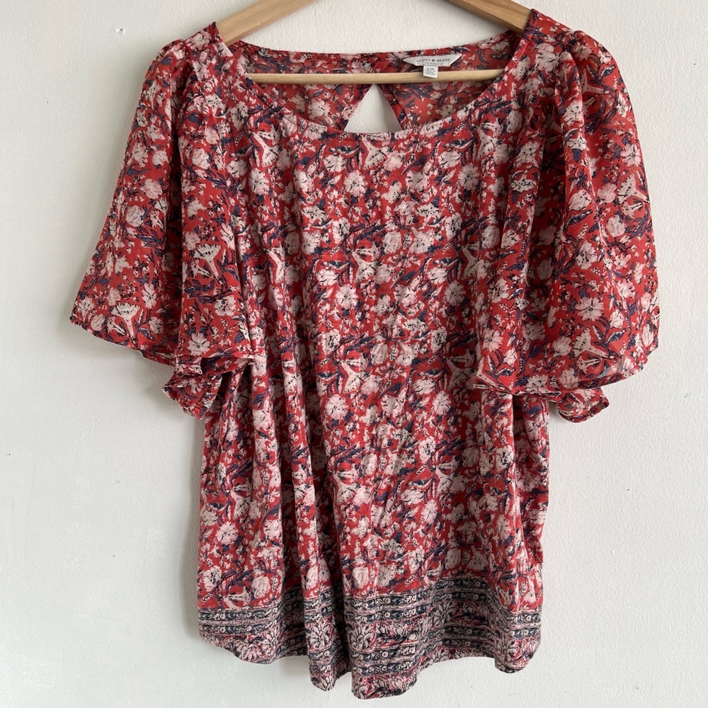 Lucky Brand Floral Blouse Top Size L Red